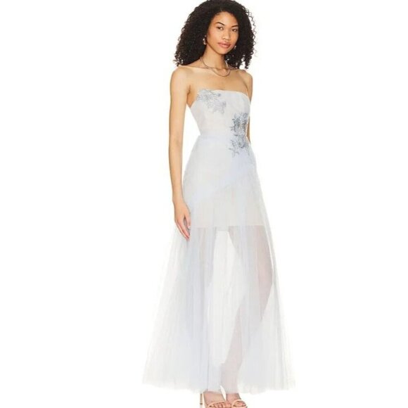 BCBGMaxAzria Dresses & Skirts - BCBGMAXAZRIA Womens Strapless Gown Sheer Baby Blue Tulle Size 0 Floral Ruche